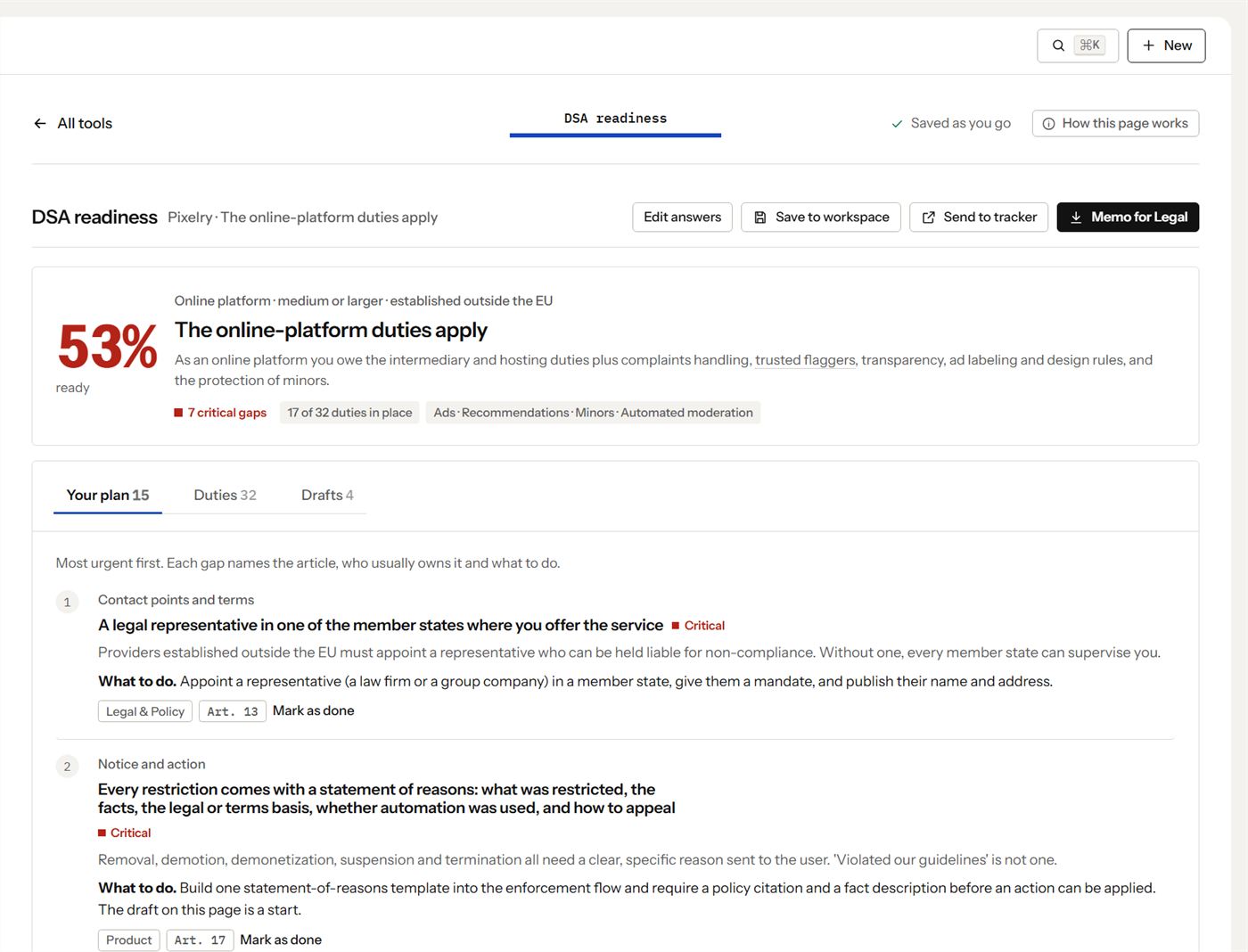 Compliance readiness in T&S Workbench